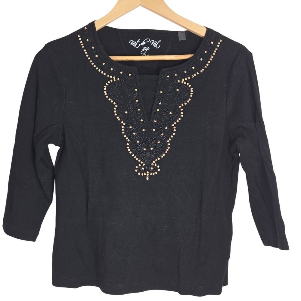 Knit de‎ Knit Womens Black Beaded Embroidered Split Neck 3/4 Sleeve Cotton Top M